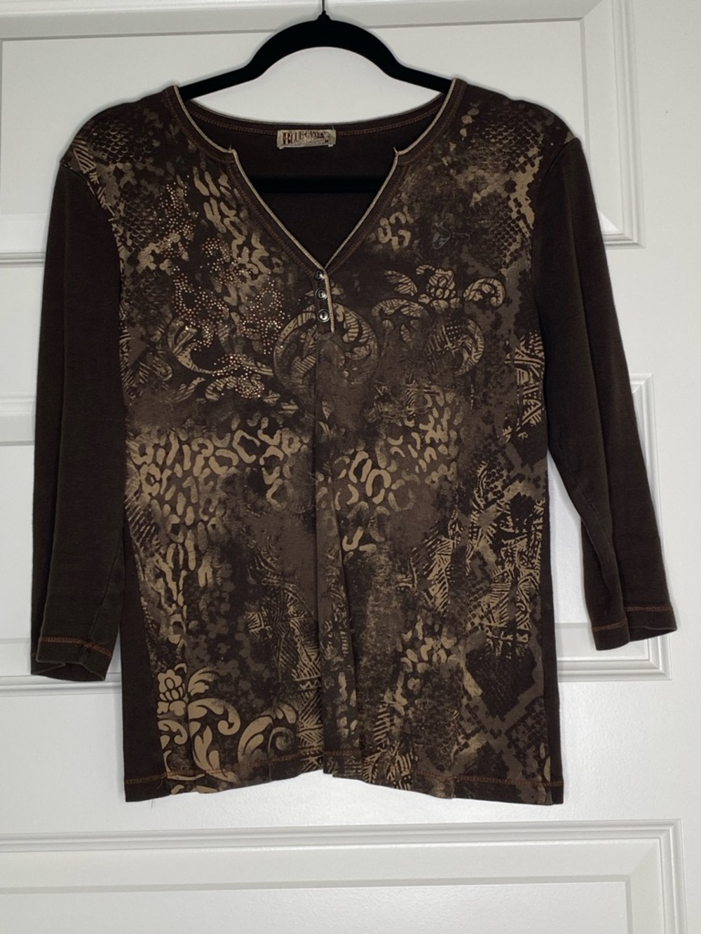 Brown Patterned Long-Sleeve Henley Top